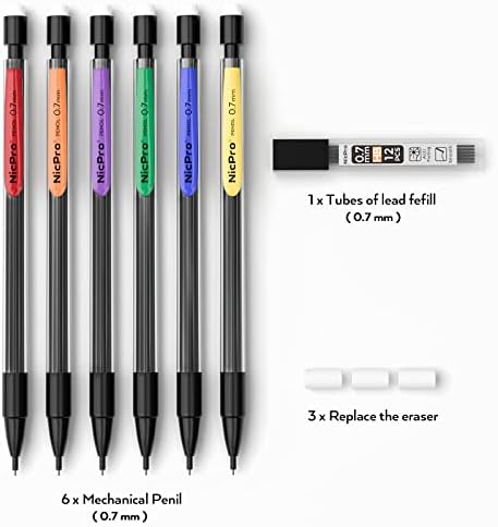 Nicpro 6 PCS 0.7 mm Mechanical Pencil Set, Color Pencil Clips Design Drafting Pencil with 0.7mm HB Lead Refills, 3 Eraser Refills for Student Writing, Drawing, Sketching