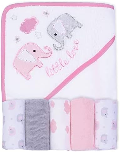 Viviland Baby Hooded Towel with Five Washcloths, Soft Touch and Strong Absorption Washcloths, Great Gift for Infants and Newborn, 66×76cm, 6 Pack (Pink Elephant)