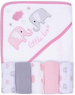 Viviland Baby Hooded Towel with Five Washcloths, Soft Touch and Strong Absorption Washcloths, Great Gift for Infants and Newborn, 66×76cm, 6 Pack (Pink Elephant)