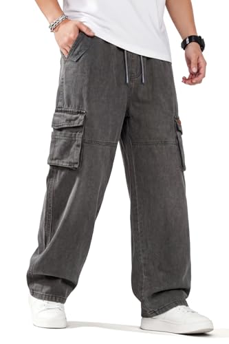 Heyfanee Mens Baggy Cargo Jeans Vintage Denim Pants 90S Hip Hop Grey 36