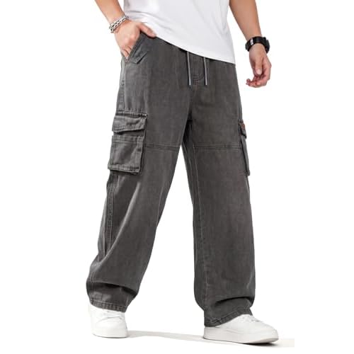 Heyfanee Mens Baggy Cargo Jeans Wide Leg Y2K Elastic Waist Denim Pants for Men with Drawstring Streetwear