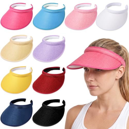 Jiuguva 10 Pieces Sun Visor for Women Wide Brim Golf Clip on Visor Hat Adjustable Large Beach Cap for Men Women Travel Sport (Multi Colors)
