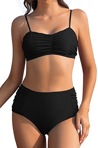 Maillot de bain femme deux pièces drapé pour plage avec haut bandeau et taille haute
