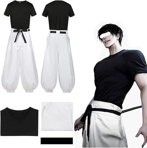 MeYuxg Traje de Cosplay de Toji Fushiguro, Traje de Cosplay de Jujutsu Kaisen, Traje de Cosplay de Anime de Manga Corta Negra/Pantalones blancos, Disfraz de Carnaval para Adultos Trajes de Anime para