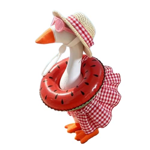 Summer Bikini Desk Goose Outfits, 7 Inch Mini Desktop Goose Clothes with Straw Hat, Sunglasses & Swim Ring, Hawaiian Cute Funny Geese Costume Accessories for Magnetic Geese Party Table Decor (Red)
