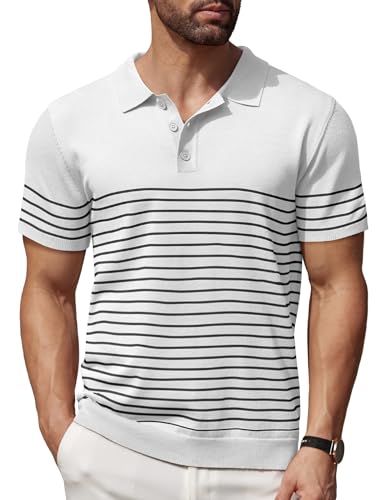 COOFANDY Polo de Manga Corta para Hombre de Punto a Rayas con Botones Polo Camisas de Golf