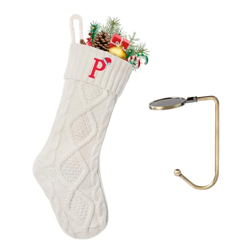 VRFASHION Christmas Stockings with Initials, Letter P Embroidered Xmas Stockings, 18" Large Monogram Knitted Xmas Stocking, Christmas Party Fireplace Family Hanging Stocking Decorations(1 Pack, White)