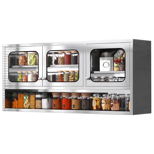 ZZV 59” Kitchen Wall Cabinet, Stainless Steel Wall Mounted Cabinet with Adjustable Shelves, Industrial Wall Storage Cabinet for Garage, Warehouse, No Assembly Required, 11.82D x 59.06W x 27.56H in