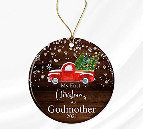 Yanashop88 My First Christmas As Godmother Ornament 2021- New Godmother Ornament 2022 - Godmother Ornament - Ornament Gifts for Godmother - Ceramic Round Decoration Ornament Both Sides