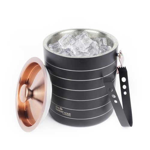 Image of The Better Home Stainless Steel Ice Bucket with Lid & Tong 1500ml | Double Wall Insulated Ice Bucket for Bar, Parties & Cocktails - Matte Black & Rose Gold