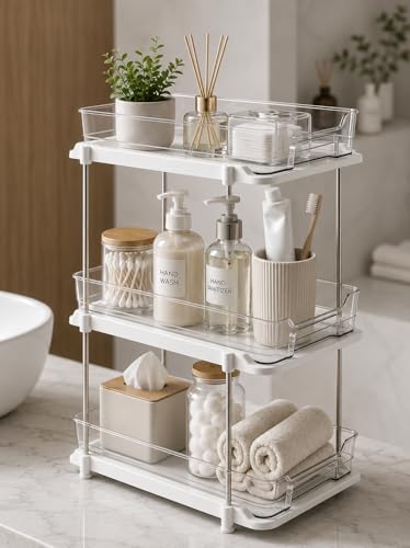 Image of MECHDEL 3-Tier Under Sink Organizer with Pull-Out Sliding Drawers | Multi-Purpose Kitchen & Bathroom Storage Rack | Clear Countertop Organizer for Pantry, Vanity, Cabinet & Cleaning Supplies