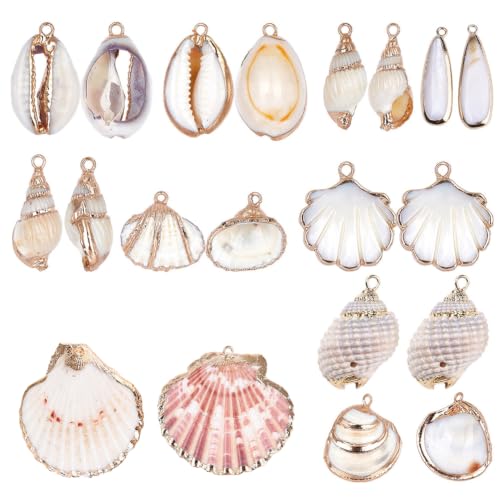 SUNNYCLUE 1 Box 20pcs 10 Styles Natural White Cowrie Seashells Charm Conch Shells Plated Charms Summer Ocean Sea Charm for Jewelry Making Charm Necklace Bracelet Earring Making