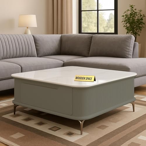 Image of WOODEN SPACE Premium Solo Marble-Top Wooden Center Table for Living Room | Iron Legs | PVD Coating | Modern Entryway Furniture | Coffee Table (Gray)
