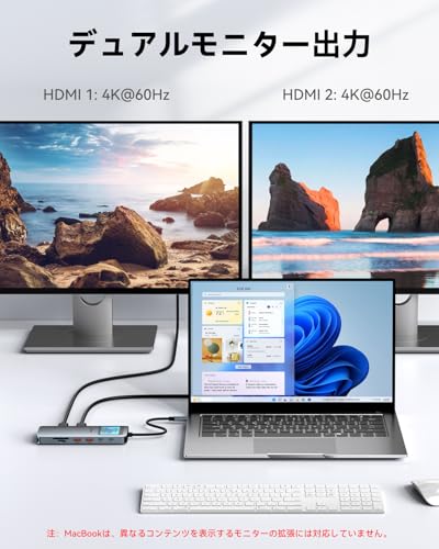 MOKiN LCD USB-C ドッキングステーション デュアルモニター対応 12-in-1 ラップトップドック、デュアル HDMI 搭載 8K@30Hz、PD 100W 給電、2500Mbps 有線 LAN、10Gbps 高速 USB A/C ポート ×5、SD/マイクロ SD カードリーダー付き、HP/Dell/Lenovo 対応 USB-C アダプター