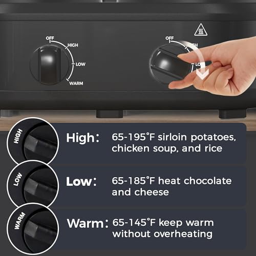 Double Slow Cooker, 2 x 1.25 QT Portable Small Dual Crock Cooker, Buffet Servers and Warmers Dishwasher Safe, Removable Ceramic Pot Glass Lid, Stainless Steel Black