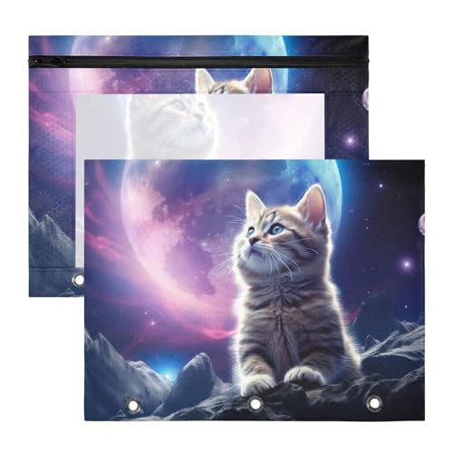 KEEPREAL 2-Pack Galaxy Cat Binder Pouches with Zipper & Clear Window - Waterproof 3-Ring Binder Accessories for Office Supplies, Pencil Case & Document Organizer#222