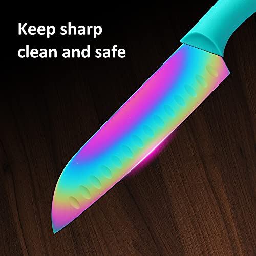 Kitchen Knife Set, Marco Almond® Kya37 12-Piece Rainbow Titanium Stainless Steel Boxed Knives Set For Kitchen With Sheath, 6 Knives With 6 Blade Guards, Teal #TOP7