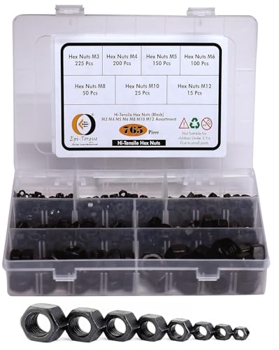 Image of Hi Tensile Black Hexagonal Nuts 7 Sizes M3, M4, M5, M6, M8, M10, M12 Assortment Pack of 765 Pcs with Storage Box