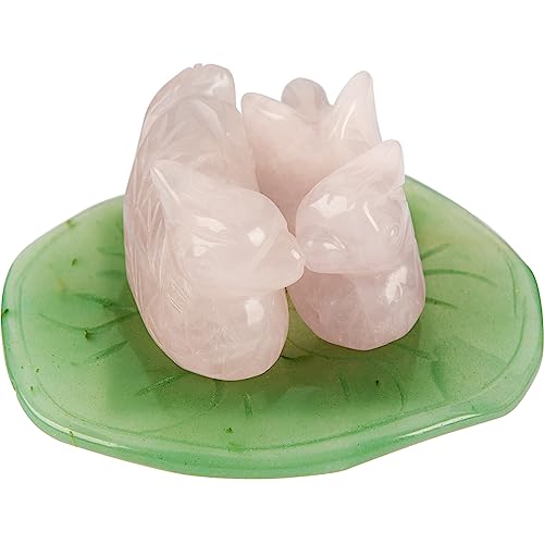 June&Ann - Patos de mandarim de quartzo rosa, pedra natural, design de pássaros em aventurina verde, design de folhas de lótus de cristal Feng Shui