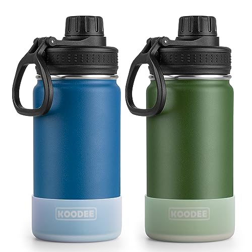 Image of koodee Water Bottle 2 Pack-12 oz Stainless Steel Vacuum Insulated Sports Water Bottle for School with Leakproof Spout Lid(Navy-Grass Green)