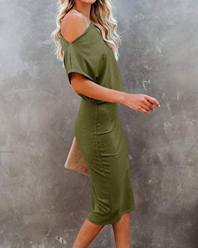 Image of EZBELLE Women's Summer Dress Off The Shoulder Short Sleeve Ribbed Casual Party Bodycon Midi Dresses