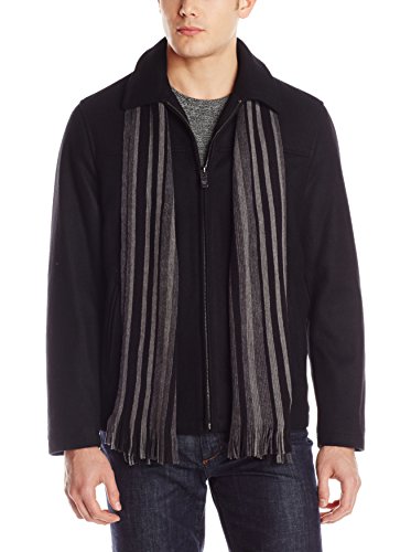 Calvin Klein Men's Zipper Wool Jacket with Scarf, Black, Large