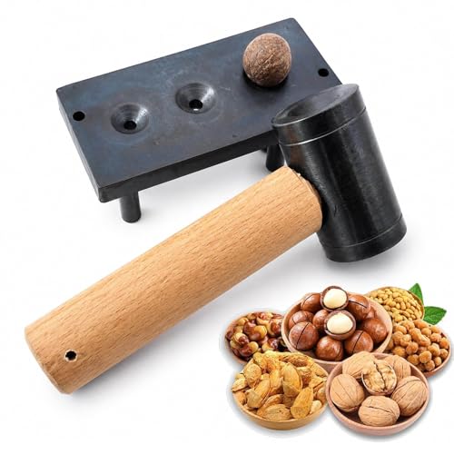 Strumento manuale per schiaccianoci con base in ferro e martello, 3 fori conici per dadi da 12/16/19 mm, per noci, castagne, nocciole, nocciole