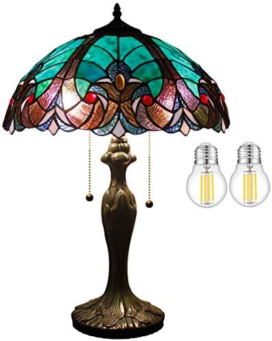 WERFACTORY Tiffany Style Lamp Green Liaison Stained Glass Bedside Table Lamp 16X16X24 Inches Desk Light Metal Base Decor Bedroom Living Room Home Office S160G Series Teal Purple