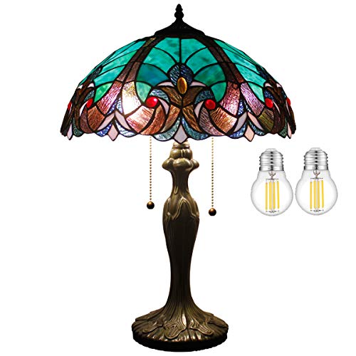 Tiffany Style Lamp Table Top Stained Glass Bedside Lamp for Living Room Bedroom 24 Tall Large Industrial Metal Base Farmhouse Teal Aqua Purple Green Liaison Desk Light WERFACTORY LED Bulb Included