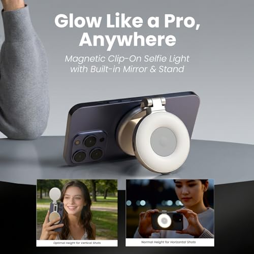 Image of Portronics Oria Type-C Rechargeable Magnetic Clip-On Selfie Light with Mirror & Stand, Adjustable Brightness & Color Temperature, Multi-Angle, Includes Metal Ring, for Selfies, Video Calls & Reels