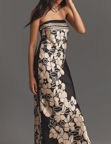Image of Women Floral Strapless Maxi Dress Y2K Bodycon Tube Long Dresses Sexy Party Formal Cocktail Beach Slit Dress