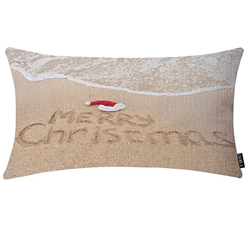 EKOBLA Fundas de cojín decorativas de Feliz Navidad, con cita de Navidad, escrita en playa tropical, color arena, rectangular, fundas de almohada para sofá, cama, sofá, lino y algodón, 12 x 20