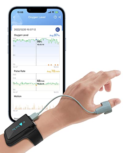 Pulsoximeter voor de nacht Zuurstofsaturatiemeter Vinger en pols met Bluetooth, draagbare slaapmonitor Slimme O2-sensor met gratis APP & pc-rapport.