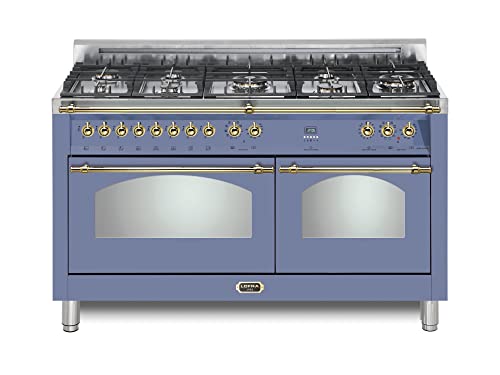 Image of Lofra DolceVita Series 60 Inch Range Freestanding Dual Fuel Double Oven Stove, Cooktop 8 Sealed Brass Burners, Convection, 9 Cooking Modes, Knobs and Handrail In Brass, in Lavender