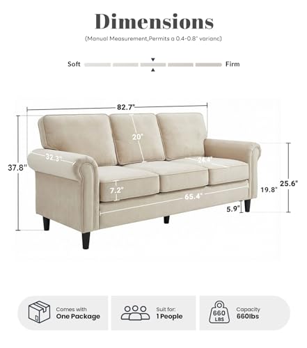 Image of Kingfun 3 Seater Couch, Mid Century Modern Sofa with Rolled Arms and Deep Seats, Fluffy Comfort for Living Room, Apartment, Easy Assembly, Khaki