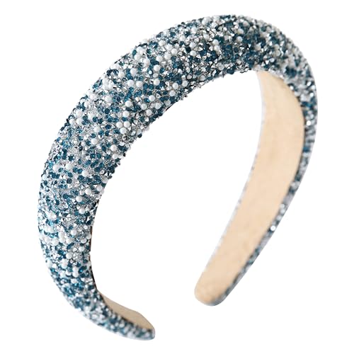 Gmmidea Pearl Rhinestone Women Headband Fashion Bling Beaded Crystal Diamond Headband Glitter Bejeweled Padded Hairband Holiday Girls Headpiece Sparkle Hair Accessories C-Blue