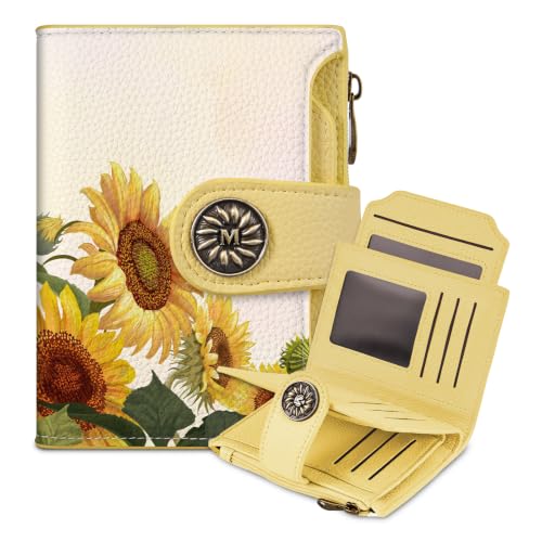 Mayski Sunflower Floral Small RFID Wallet Women, PU Leather Bifold Zipper Coin Pocket Compact Credit Card Holder Purse, Cute Travel Wallet for Ladies Teen Girls, 4 ID Window 14 Card Slots