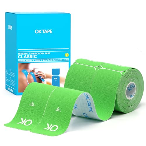 OK TAPE Kinesiologie Tape Pre-cut, 25 cm lang und 5 cm breit, 40 Strips, Physio Tape und Sport Tape for Injuries and Pain,Elastic and Skin-Friendly Muscle Tape (2 Rollen,Grüner)