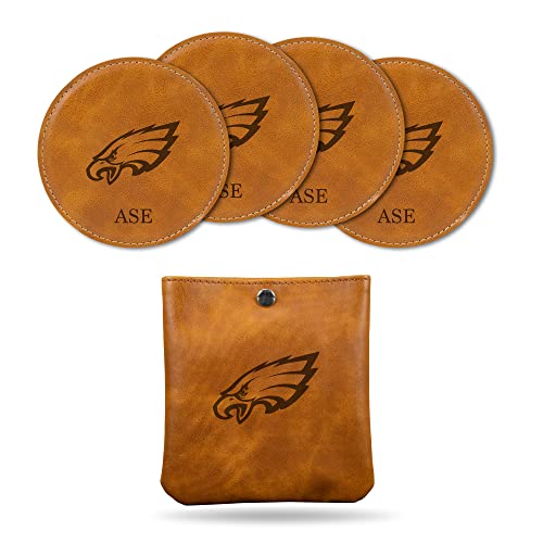 Rico Industries Nfl Football Philadelphia Eagles Brown Personalized Faux Leather Laser Engraved 4-Pack Coaster Set With Pouch - Great Beverage Accessory For Game Day #TOP14
