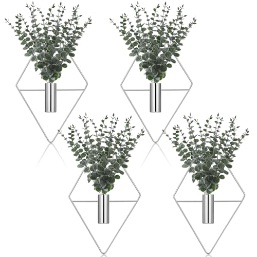 Image of Jexine Hanging Planters with Artificial Eucalyptus Metal Hanging Vase Indoor Plants Holder Modern Geometric Boho Bathroom Wall Decor for Living Room Home Office(Chrome Sliver,8 Pcs)