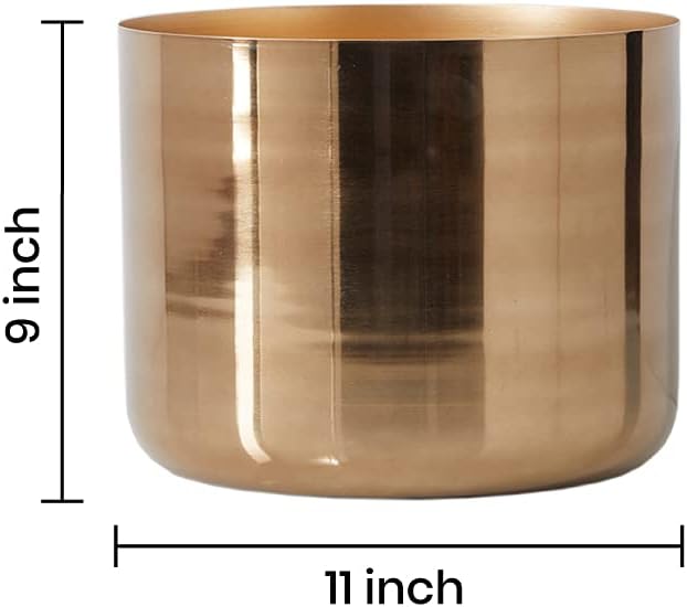 Serene Spaces Living Gold-Finish Metal Indoor Vase, Round Cachepot for Potted Plants, No Drainage Hole, Elegant Floor Planter for Living Room, Office, Kitchen, Wedding, Party, 11" Dia & 9" Tall
