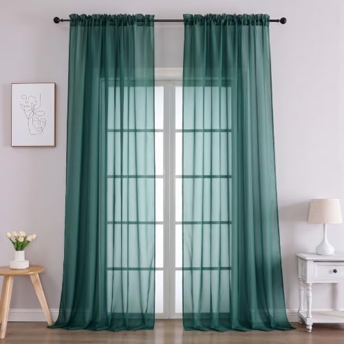 Image of Hunter Green Bedroom Curtains 2 Panel Sets 96 Inch Length, 59 Inch Extra Wide Light Filtering Voile Drapes Light Airy Window Drapes for Patio Door Living Room Bedroom Dining, 59Wx96L Inches