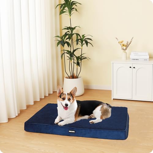 HMTOPE Orthopädisches Hundebett, 9cm Dicke Hundekissen für Mittelgroße Hunde, Abnehmbar und Waschbar Hundematte, rutschfeste Unterseite, Wasserdichtes Innenfutter, 91 cm, Navyblau