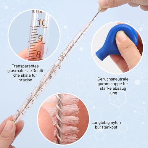 2 Stück Pipette 10ml, Glaspipette mit Reinigungsbürste, Messpipette für Labor Lebensmittel Forschung Medizin Schule