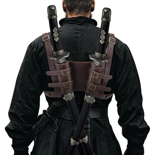 Magibag Medieval Leather Back Sword Frog Adjustable Sword Holster Sheath Renaissance Warrior Costume Accessory (Brown, Double)