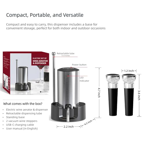 Saraudy Rechargeable Electric Wine Aerator and Dispenser Set, Electric Wine Decanter with 2 Vacuum Wine Stoppers, Charging Base, Stainless Steel, Wine Pourer - Thumbnail 6