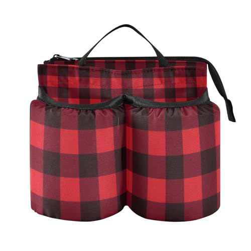 Image of Luggage Cup Holder for Suitcases Free Hands Suitcase Cup Holder Travel Luggage Drink Holder Portable Luggage Cup Caddy Bag Carrier with Handle Red and Black Buffalo Plaid