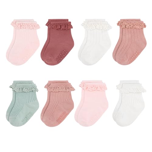 Image of Looching 8 Pack Baby Girls Anti Slip Socks Toddler Frilly Ruffle Grip Ankle Cotton Socks for Infant/Newborn/0-2T