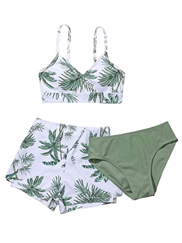 SHENHE Girl's 3 Piece Tropical Print V Neck High Waisted Bikini Swimsuit with Beach Shorts