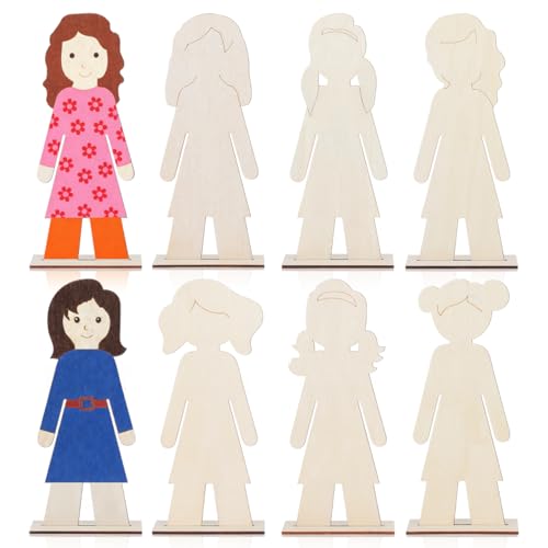 NUOBESTY 20Pcs Standing Wood People Cutouts Girls Manual Blank Wooden Shapes for Crafts Unfinished Woodslices DIY Graffiti Wooden Cutouts Human Decorations Label